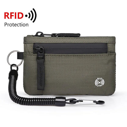 Carteira Masculina RFID Porta-Cartões // De Nylon // Fina com Zíper // Porta-Cartões // Bolsa Tática Masculina // Porta-Moedas c/ Mosquetão