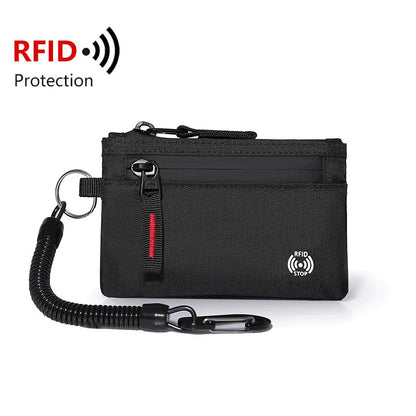 Carteira Masculina RFID Porta-Cartões // De Nylon // Fina com Zíper // Porta-Cartões // Bolsa Tática Masculina // Porta-Moedas c/ Mosquetão
