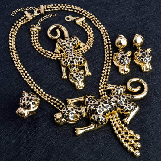 Conjunto de Jóias CHARMOMENT Dubai de Luxo para Mulheres // Banhado a Ouro 18k // Leopardo Colar / Pulseira / Brincos // Banquete Africano // Lindo Presente de Casamento!!!