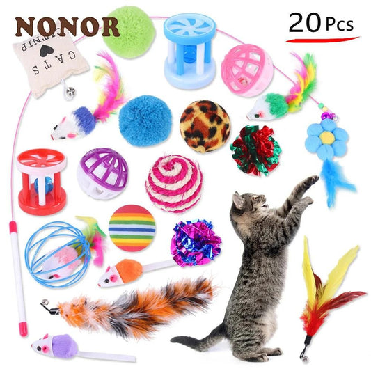 Conjunto de Brinquedos para Gatos NONOR // Varinha de Penas para Teaser // Brinquedos para Gatinhos em Formato de Mouse, Bolas, Vara, etc