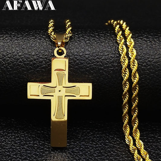 Fashion Big Long Cross Jesus AFAWA  // Colar de Aço Inoxidável Unissex // Colar de Corrente de Cor Dourada // Jewerly Cordão N1172S02