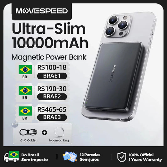 Carregador Portátil Magnético Fino MOVESPEED S10 de 10000mAh com PD20W // Bateria Externa s/ Fio p/ iPhone 16 e Samsung.