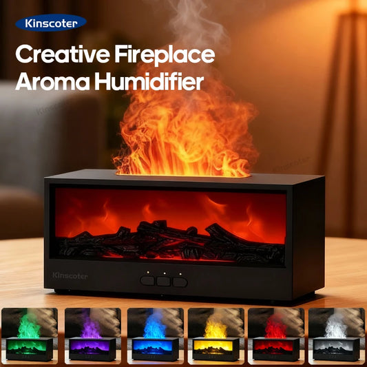 Umidificador de Ar com Efeito de Chama de Lareira e Difusor de Óleos Essenciais // Controle Remoto, Luz Noturna Ambiente Colorida // Presente Criativo
