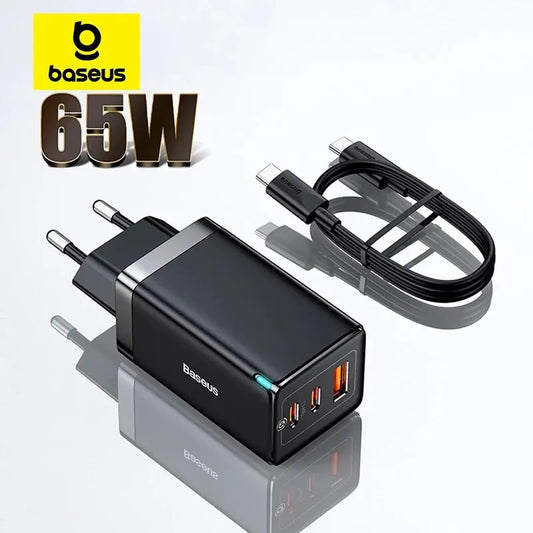 Carregador Baseus 65W GaN Quick Charge 4.0 3.0 Tipo C PD USB // Carregador Portátil QC4.0 3.0 // Carregador Rápido p/ Laptop iPhone 14 13