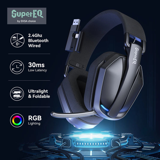 Fone de Ouvido s/ Fio p/ Jogos SuperEQ G19BT // 2,4 GHz, Ultraleve, c/ Bluetooth 5.4 e Microfone para PC/PS5/Xbox, da EKSA Choice