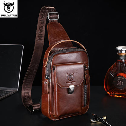 Bolsa de Peito de Couro Genuíno Masculina BULLCAPTAIN // Casual Retrô de 7,9 Polegadas // Bolsa para Celular Multifuncional Antirroubo // Bolsa Crossbody