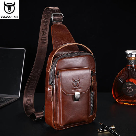 Bolsa de Peito de Couro Genuíno Masculina BULLCAPTAIN // Casual Retrô de 7,9 Polegadas // Bolsa para Celular Multifuncional Antirroubo // Bolsa Crossbody