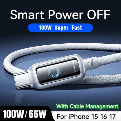 Cabo USB-C Joyroom de 100 W // Com Desligamento Automático e Carregamento Rápido // Compatível com iPhone 16, 15 Pro Max, Xiaomi, Samsung e Huawei.