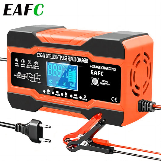 Carregador de Bateria de Carro 12V 12A // Carregamento de 7 Estágios // Reparo de Pulso para Baterias de Carro // Para AGM GEL // Chumbo-ácido úmido // Display LCD