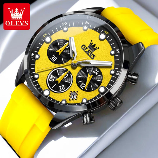Relógios masculinos originais OLEVS, cronógrafo multifuncional, tendência da moda, pulseira de borracha amarela, luminoso, à prova d'água, relógio de quartzo masculino