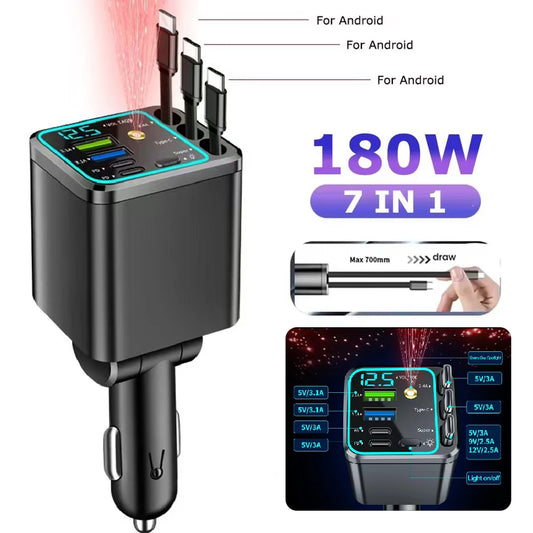 Carregador Veicular 5 em 1 (Máx. 66W) com Cabo Retrátil, PD 30W + 2,4A, Display de Voltagem e Carregamento Super-Rápido de 22,5W para iPhone e Android