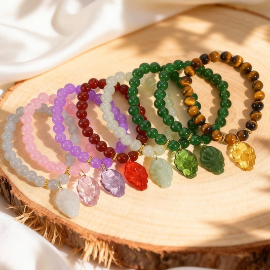 Pulseira de Jade Transparente Multicolorida c/ Raposa de Vidro p/ Mulheres // Pulseira de Corrente c/ Contas e Cordão Elástico // Joia da Sorte c/ Pingente.