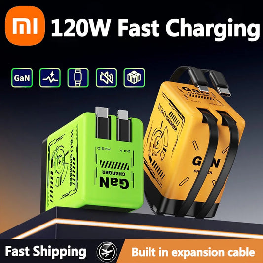 Carregador Ultrarrápido Xiaomi GaN120W c/ Cabo Lightning Tipo C Retrátil // Com Adaptador de Carregamento Rápido p/ IPhone 16,/ iPad / Samsung e Huawei