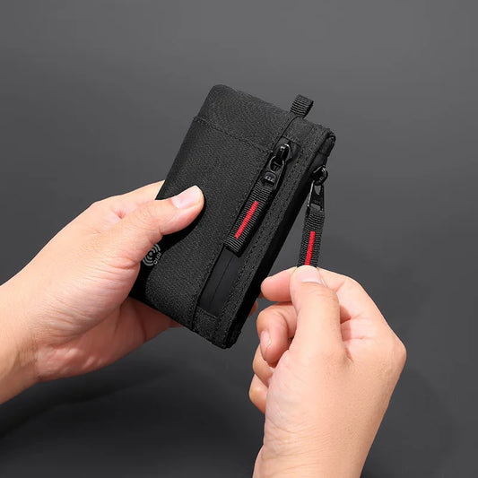 Carteira Masculina RFID Porta-Cartões // De Nylon // Fina com Zíper // Porta-Cartões // Bolsa Tática Masculina // Porta-Moedas c/ Mosquetão
