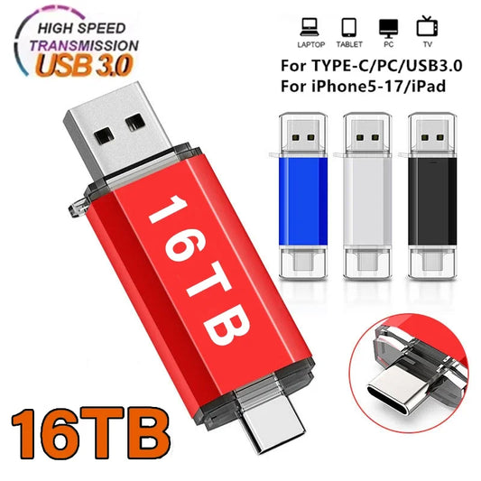 Novo Pendrive OTG 2 em 1 de 16 TB (USB 3.0 e Tipo-C) para iPhone, Samsung, Huawei, Xiaomi, Android e Notebook