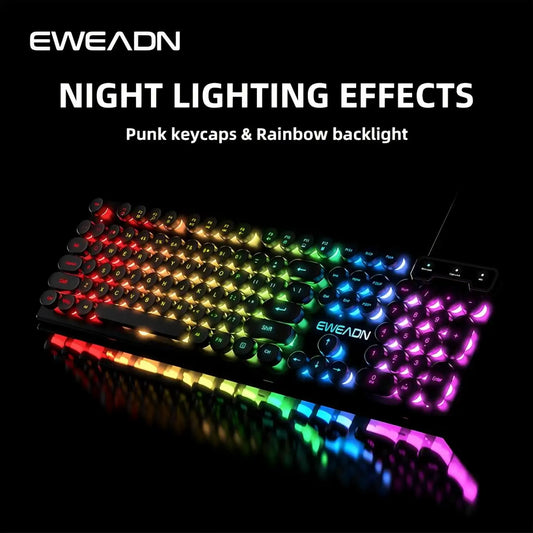 Teclado p/ Jogos EWEADN GX330 // 104 Teclas c/ Fio, Retro Punk // Teclas Redondas c/ Retroiluminação RGB // Para Laptop Windows
