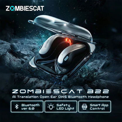 Fone de Ouvido s/ Fio Zombies Cat B22 OWS Bluetooth 6.0 com IA // Tradução Automática // Condução de ar // Luz de segurança // Ideal p/ Esportes e Com Aplicativo Integrado.