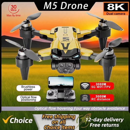 Drone Profissional M5 8K c/ Grande Angular // Três Câmeras // Prevenção de Obstáculos // GPS 5G // Posicionamento de Fluxo Óptico // Quadricóptero RC s/ Escovas