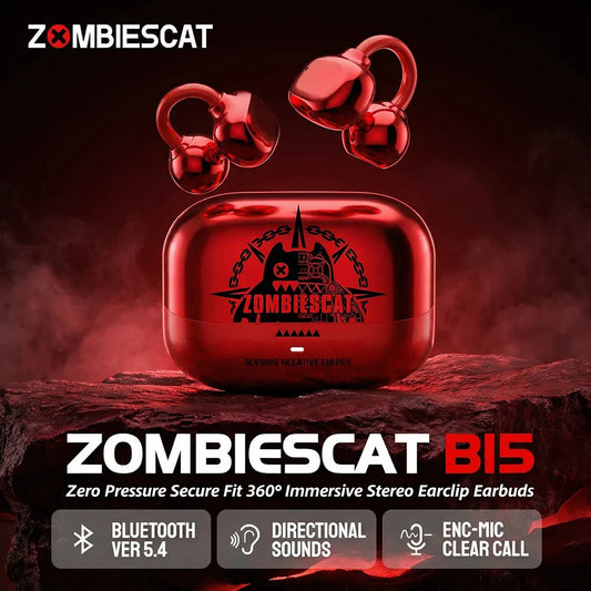 Fones de Ouvido Zombiescat B15 OWS c/ Clipe de Orelha // Som Estéreo Imersivo de 360° // Bluetooth 5.4, à Prova d'Água IPX4 // Para Esportes // TWS, s/ Fio.