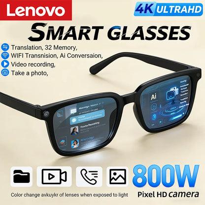 Óculos inteligentes Lenovo com IA, tradução por IA, câmera HD de 8MP, gravação de imagem em 4K, gravação de chamadas via Bluetooth e reprodução de música. Lançamento de 2026.