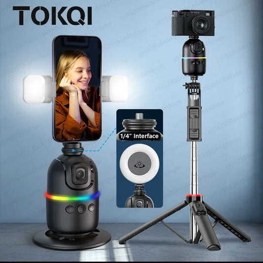Tripé de Rastreamento Inteligente p/ Câmera de Smartphone // Luz Colorida // Rotação de 360 Graus // Follow Focus // Gimbal p/ Fotografia ao Vivo no TikTok