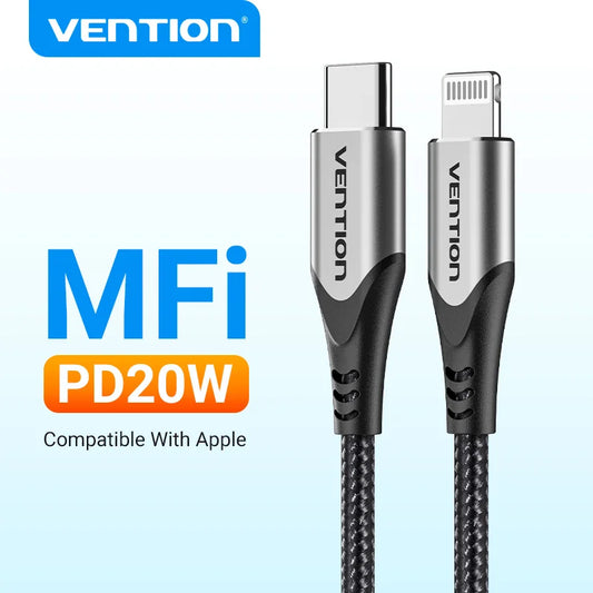 Cabo de Carregamento c/ Certificação Vention-MFi // Cabo PD USB C p/ Lightning p/ iPhone 14, 13, 12, 11 Pro Max, AirPods Pro, iPad XS, 30 W