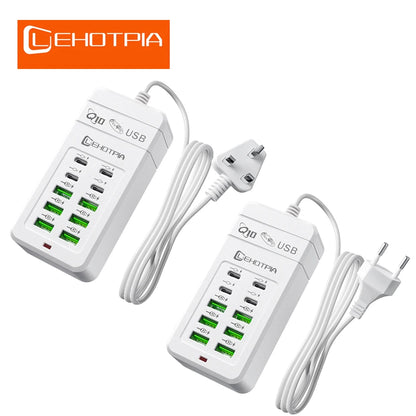 Carregador USB Rápido c/ Múltiplas Tomadas (UE) // Cabo de Extensão de 1,2 m c/ 6 Portas USB-A e 4 USB-C // Portátil p/ Celulares e Tomadas USB.