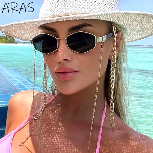 Óculos de Sol Femininos Hexagonais Retrô da Moda com Corrente // Armação Pequena // Designer de Marca 2025