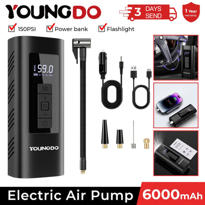 Compressor de Ar Portátil YOUNGDO p/ Carro // Inflador de Pneus, 150 PSI e 6000 mAh // Bomba Inflável Digital Inteligente p/ Carro, Bicicleta, Motos // Bombas de Ar
