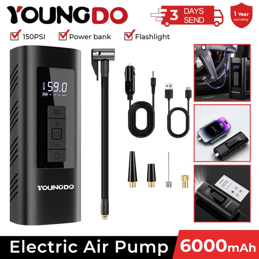 Compressor de Ar Portátil YOUNGDO p/ Carro // Inflador de Pneus, 150 PSI e 6000 mAh // Bomba Inflável Digital Inteligente p/ Carro, Bicicleta, Motos // Bombas de Ar