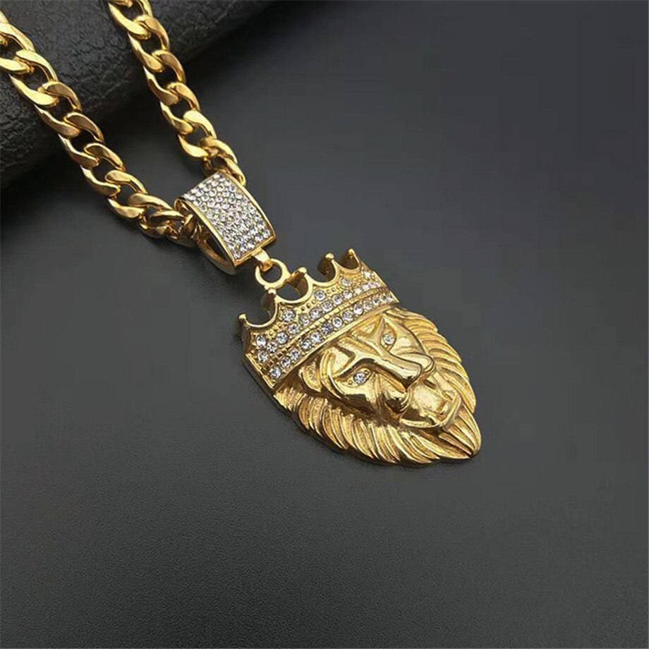 Pingente de Cabeça de Leão N7M7 de Aço Inoxidável Iced Out // Corrente de Leão Coroa Brilhante Ouro para Homens/Mulheres Hip Hop Jóias // Lindíssima Peça para Presente!!!