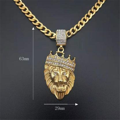 Pingente de Cabeça de Leão N7M7 de Aço Inoxidável Iced Out // Corrente de Leão Coroa Brilhante Ouro para Homens/Mulheres Hip Hop Jóias // Lindíssima Peça para Presente!!!