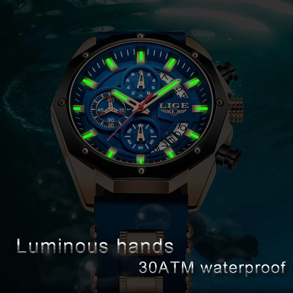 2024 Novo Top LIGE Brand Casual Fashion Watches P/ Homens // Sport Military // Gel de sílica // Relógio de Pulso Masculino com Cronógrafo