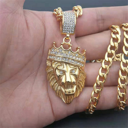 Pingente de Cabeça de Leão N7M7 de Aço Inoxidável Iced Out // Corrente de Leão Coroa Brilhante Ouro para Homens/Mulheres Hip Hop Jóias // Lindíssima Peça para Presente!!!