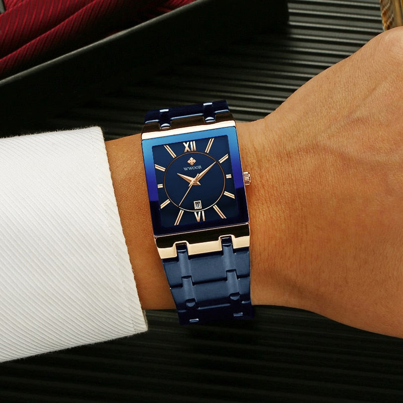 Relógio Masculino WWOOR Luxo Quadrado Azul // Novos Relógios da Moda 2023 Masculino // Relógio de Pulso Masculino Aço Inoxidável, À Prova D' Água // Quartzo // Muito lindo e Elegante!!!