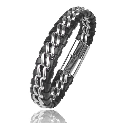 Pulseira de Corrente JIANGMINGAO de Couro Genuíno para Homens // Com Fecho Magnético de Aço Inoxidável Banhado a Ouro // Joias Exclusivas Charm Bracelets para Presente // Lindas e Exclusivas!!!