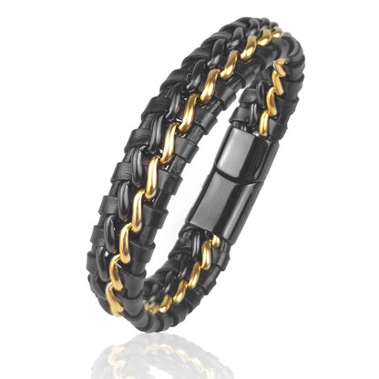 Pulseira de Corrente JIANGMINGAO de Couro Genuíno para Homens // Com Fecho Magnético de Aço Inoxidável Banhado a Ouro // Joias Exclusivas Charm Bracelets para Presente // Lindas e Exclusivas!!!