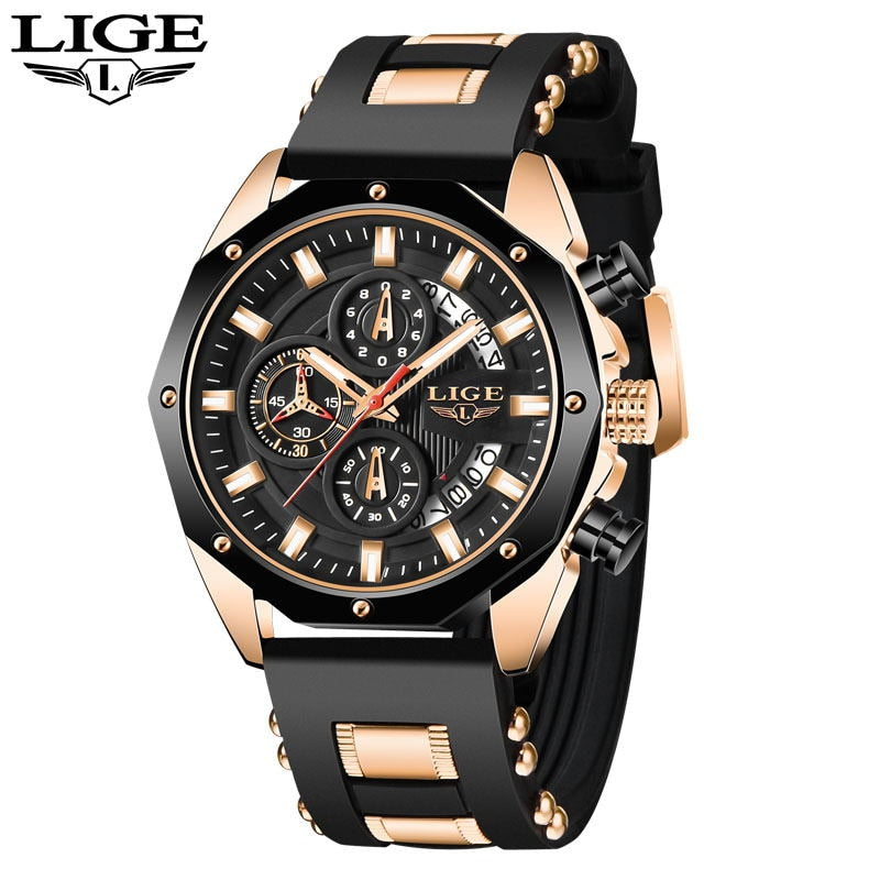 2024 Novo Top LIGE Brand Casual Fashion Watches P/ Homens // Sport Military // Gel de sílica // Relógio de Pulso Masculino com Cronógrafo