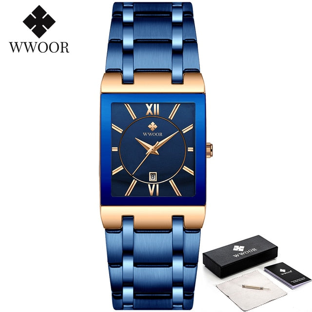 Relógio Masculino WWOOR Luxo Quadrado Azul // Novos Relógios da Moda 2023 Masculino // Relógio de Pulso Masculino Aço Inoxidável, À Prova D' Água // Quartzo // Muito lindo e Elegante!!!