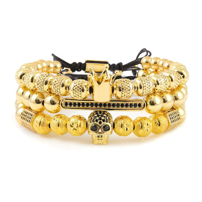 3 Pçs-King Crown Faraó MingLou // Pulseira para atrair Energia Positiva das Pirâmides do Egito // Pedra: Zircônia Cúbica  // Unissex Luxo // Padrão Contas de aço inoxidável // CZ Skull Ball Pulseiras