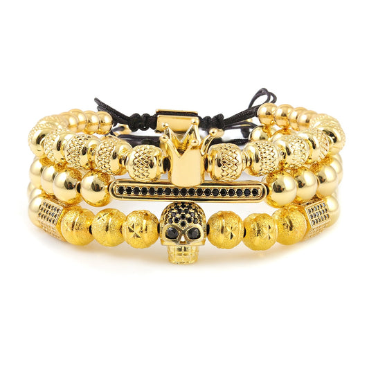 3 Pçs-King Crown Faraó MingLou // Pulseira para atrair Energia Positiva das Pirâmides do Egito // Pedra: Zircônia Cúbica  // Unissex Luxo // Padrão Contas de aço inoxidável // CZ Skull Ball Pulseiras