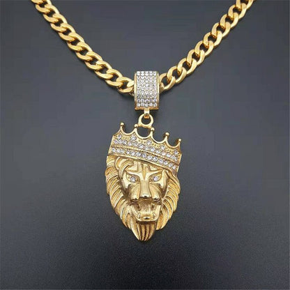 Pingente de Cabeça de Leão N7M7 de Aço Inoxidável Iced Out // Corrente de Leão Coroa Brilhante Ouro para Homens/Mulheres Hip Hop Jóias // Lindíssima Peça para Presente!!!