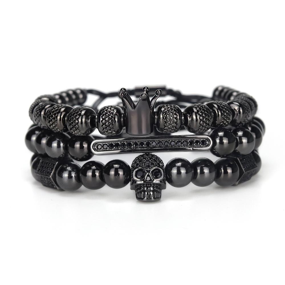 3 Pçs-King Crown Faraó MingLou // Pulseira para atrair Energia Positiva das Pirâmides do Egito // Pedra: Zircônia Cúbica  // Unissex Luxo // Padrão Contas de aço inoxidável // CZ Skull Ball Pulseiras