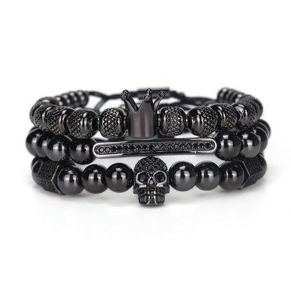 3 Pçs-King Crown Faraó MingLou // Pulseira para atrair Energia Positiva das Pirâmides do Egito // Pedra: Zircônia Cúbica  // Unissex Luxo // Padrão Contas de aço inoxidável // CZ Skull Ball Pulseiras