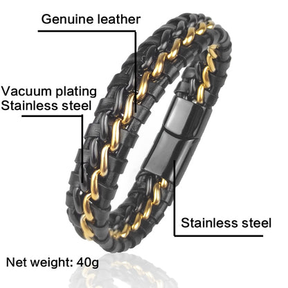 Pulseira de Corrente JIANGMINGAO de Couro Genuíno para Homens // Com Fecho Magnético de Aço Inoxidável Banhado a Ouro // Joias Exclusivas Charm Bracelets para Presente // Lindas e Exclusivas!!!