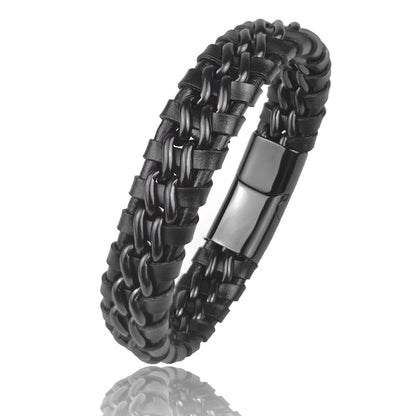 Pulseira de Corrente JIANGMINGAO de Couro Genuíno para Homens // Com Fecho Magnético de Aço Inoxidável Banhado a Ouro // Joias Exclusivas Charm Bracelets para Presente // Lindas e Exclusivas!!!