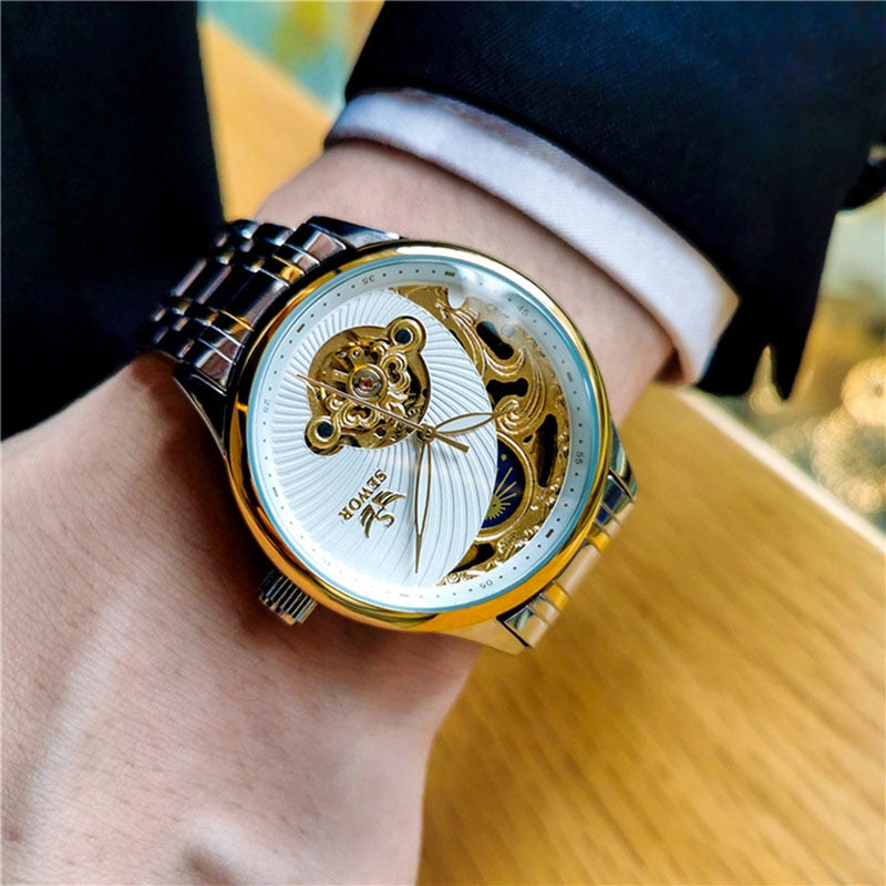 Relógio 2024 SEWOR Masculino Skeleton Design Tourbillon // Relógio Mecânico Automático Masculino Casual Negócios // À Prova D' Água // Fase da Lua // Belíssimo Relógio para Presente!!!