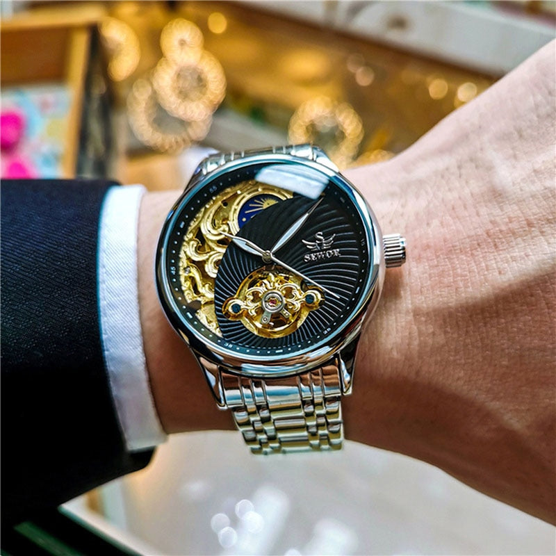 Relógio 2024 SEWOR Masculino Skeleton Design Tourbillon // Relógio Mecânico Automático Masculino Casual Negócios // À Prova D' Água // Fase da Lua // Belíssimo Relógio para Presente!!!