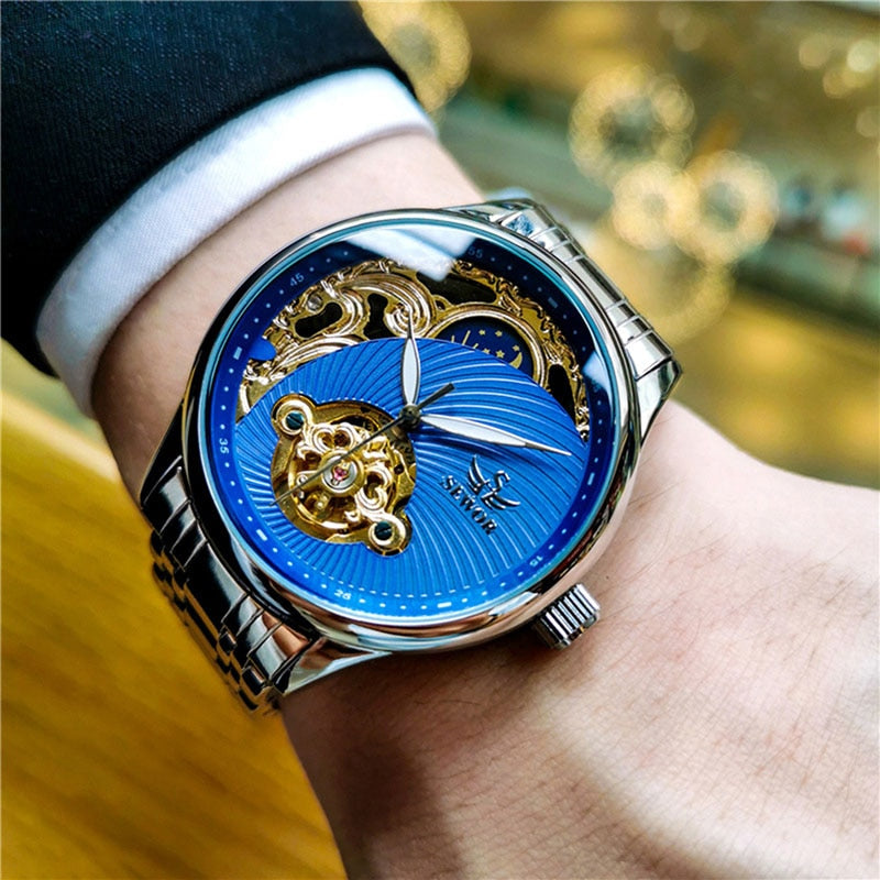 Relógio 2024 SEWOR Masculino Skeleton Design Tourbillon // Relógio Mecânico Automático Masculino Casual Negócios // À Prova D' Água // Fase da Lua // Belíssimo Relógio para Presente!!!