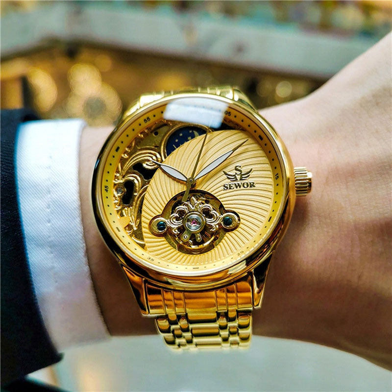 Relógio 2024 SEWOR Masculino Skeleton Design Tourbillon // Relógio Mecânico Automático Masculino Casual Negócios // À Prova D' Água // Fase da Lua // Belíssimo Relógio para Presente!!!